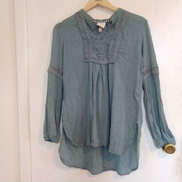 Knox Rose Teal Hi-Low Gauze Tunic Crochet Lace Yoke Long Sleeves S Boho - Picture 2 of 6